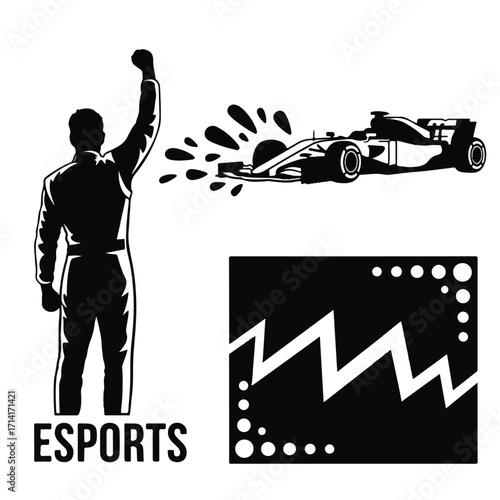 Silhouette illustration of an esports racing theme, featuring a victorious driver, a Formula 1 race car, and a stylized graphic element.
