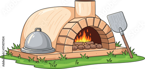 Wood fired pizza oven illustration, brick oven with fire, traditional cooking design, outdoor bakery furnace, stone oven vector, food preparation
