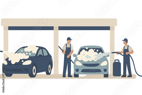 Flat design car wash scene with workers cleaning vehicles in a garage setting