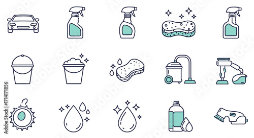 Car cleaning icons in outline style with detailing tools and supplies