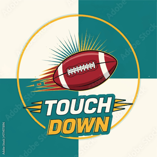 Dynamic graphic illustration of a speeding American football with 'Touch Down' text, set against a checkered background.