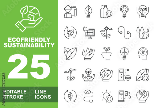 Eco-friendly line icon set. Worker, Leaflight, Bottles, Circularbulb, Bulbhands, Leaves, Solarpanel, Flower, Electricity, Waterdrops, Leaved, Handwater, Planthead. Editable stroke icons collection.