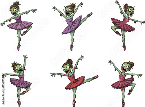 Zombie ballerina, cartoon undead dancer, ballet horror character, colorful tutu poses, green skin pirouette, spooky leap, creepy ballet illustration