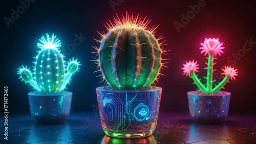 Neon Cyber Cactus Trio - 4K Futuristic Desert Flora for Sci-Fi Visuals & Tech Wall Art  