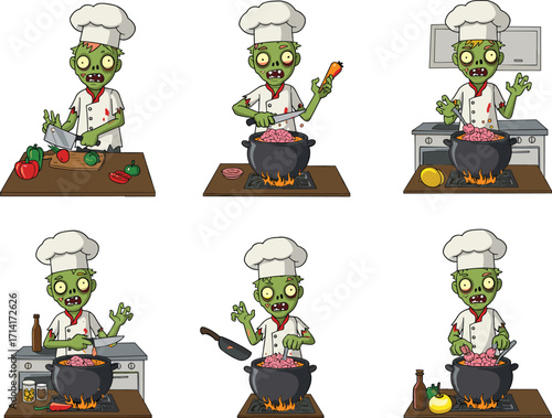 Zombie chef cooking cartoon, horror kitchen illustration, undead meal preparation, spooky food vector, creepy recipe comic, Halloween culinary artwork