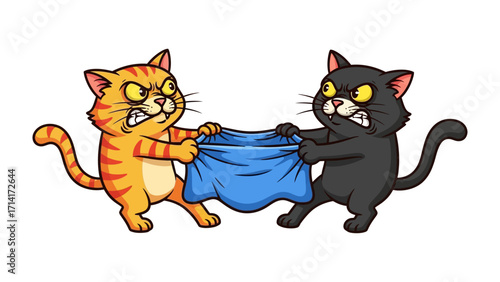 Feline Rivalry: Two cartoon cats engage in a fierce tug-of-war over a blue cloth, their expressions a mix of frustration and determination. A playful illustration capturing the essence of competition