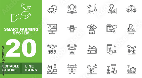 Farming line icon set. Pigpin, Location, Thermometer, Locationplant, Irrigation, Graph, Applemeasure, Windmill, Rainfall, Monitor, Droneflowers, Warehouse, Vegetablebox. Editable stroke icons