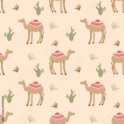 Seamless pattern with camels and cactuses.. Desert theme perfect for travel, adventure and exotic textile design.