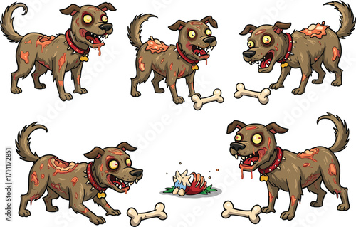 Zombie dog cartoon, undead pet character, horror animal vector, scary poses, Halloween bones, meat pile, creepy fly, stock illustration, asset