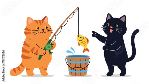 Cat's fishing adventure: Two curious cat friends involved in a fishing experience with fishing rod, showing the fishing fish being hook from the water and a happy mood.