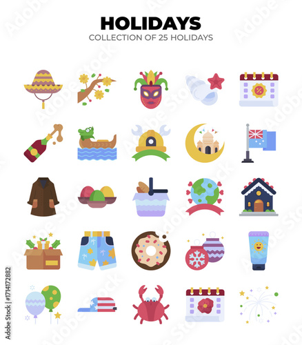 Collection of 25 unique holiday icons. A vibrant celebration of diverse festivities and cultural events worldwide!