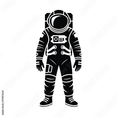 Vintage inspired monochrome illustration of an astronaut in a full spacesuit, an iconic emblem for space exploration, science, and futuristic themes in graphic design
