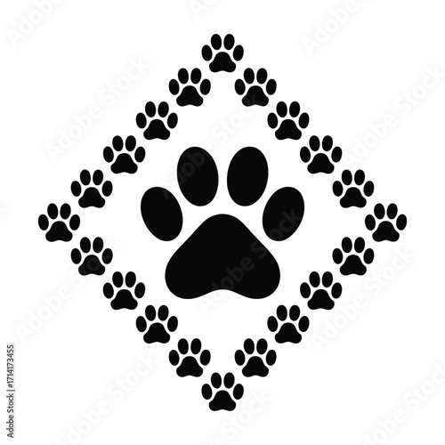 Black and white vector illustration of a large animal paw print icon centered within a diamond-shaped frame of smaller paw prints