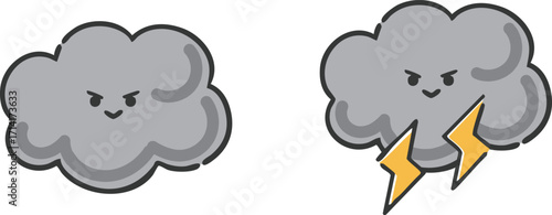 可愛い黒い雲と稲妻のイラスト（顔付き）　ベクター

