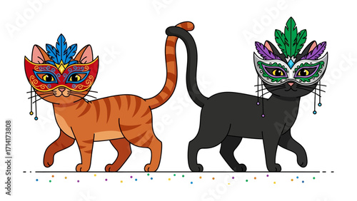 Festive Felines in Carnival: Two charming cats, one orange and one black, donned in ornate masks, step forward, embodying the lively essence of carnival celebrations. 