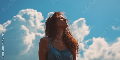 A carefree young woman looking up, smiling with her eyes closed in the sun against a beautiful blue sky with fluffy clouds