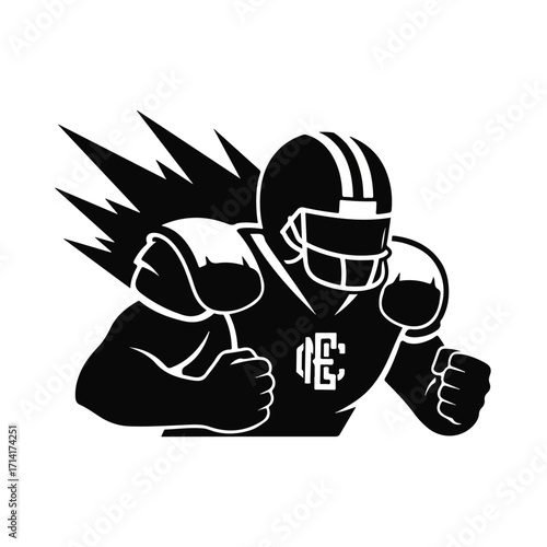 Silhouette of a football player in action, with stylized shoulder pads and helmet, and powerful, dynamic pose.