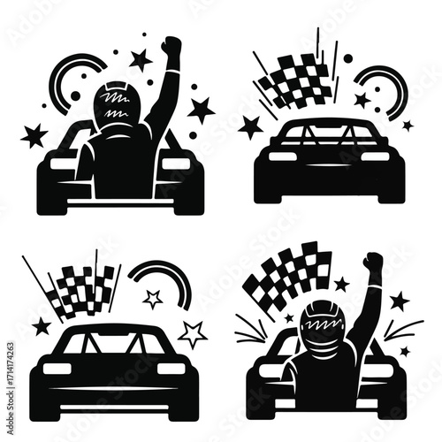 Four vector illustrations of race car victory celebrations.