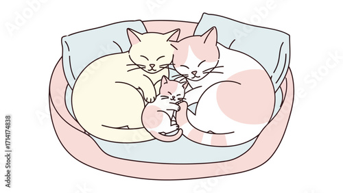 Cozy feline family: A heartwarming illustration showcasing a mother cat, father cat, and kitten nestled together in a soft cat bed, creating a sense of warmth and familial bliss.