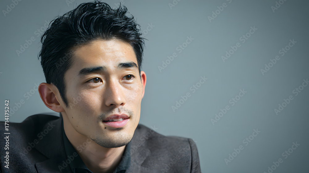 Obraz premium Portrait of thoughtful businessman in suit against gray background
