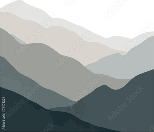 Abstract illustration of layered mountain range in grayscale tones on white background