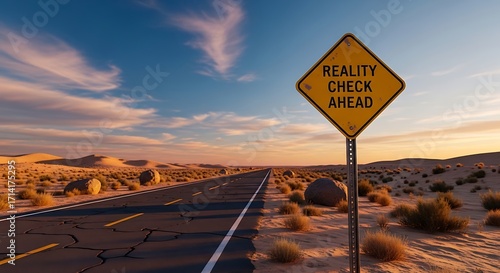 Reality Check Ahead Sign on a Desert Road — Symbolizing Awareness, Wake-Up Calls, and Facing the Truth on the Journey of Life