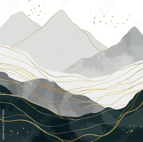 Abstract Illustration of Mountainous Landscape in Shades of Gray and Gold