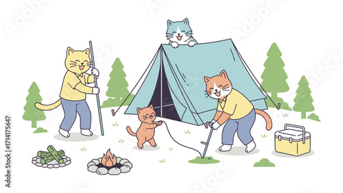 Whimsical Camping Cats: A heartwarming illustration of playful cats setting up camp amidst the serene beauty of nature, perfectly capturing the joy of outdoor adventures.