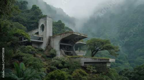 A futuristic, brutalist-style building sits on a misty, overgrown mountain side in a tropical landscape