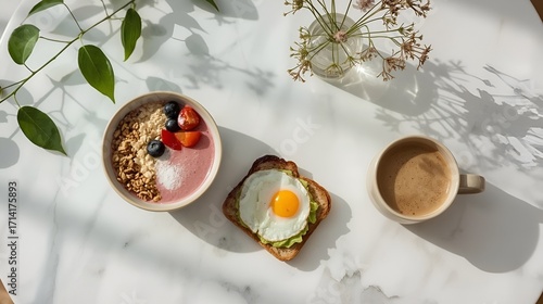 Flat lay of stylish brunch with smoothie bowl