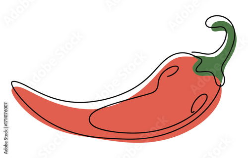 Single line drawing of a red chili pepper with green stem
