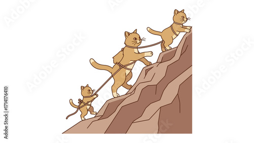 Cats Climbing Mountain: A determined feline family embarks on an uphill journey, skillfully scaling a mountain, embodying the spirit of perseverance and teamwork in this artistic illustration.
