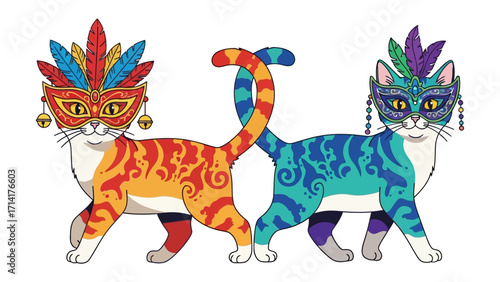 Festive Felines: Two stylish cats, adorned with vibrant carnival masks and decorative patterns, strike a pose of elegance. A whimsical illustration capturing a blend of mystery and celebration.