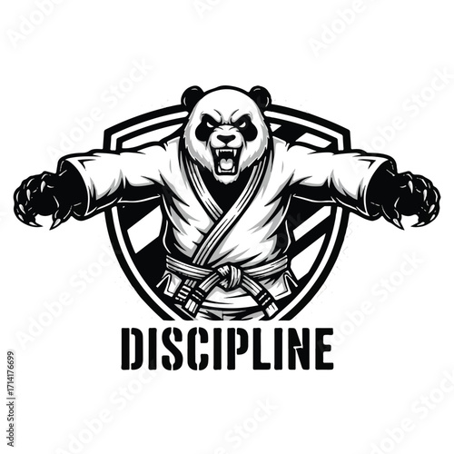 Aggressive panda in a martial arts gi with a black belt, standing in front of a shield, with the word 'DISCIPLINE' below.