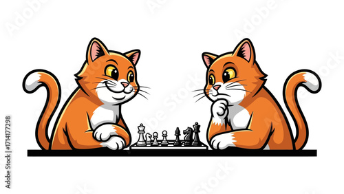 Strategic Cats: Two playful, cartoonish cats engaged in a game of chess, exuding intelligence and competitive spirit with a dash of charm.