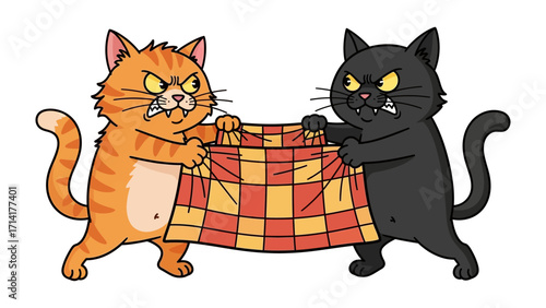 Cat Conflict: A humorous illustration captures two feisty felines engaged in a playful tug-of-war over a colorful blanket, their expressions a picture of comical rivalry. 