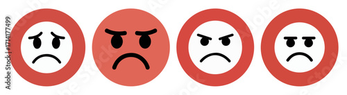 Four variations of a sad emoticon in red circles illustrate different levels of unhappiness