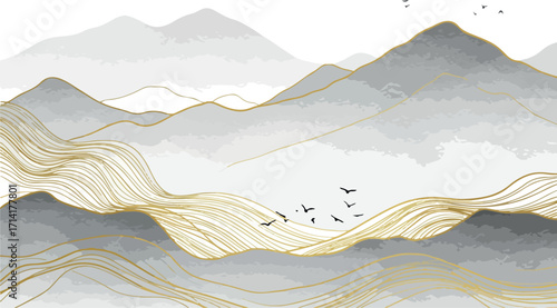 Abstract Mountain Landscape Illustration With Gold Accents and Birds in the Sky