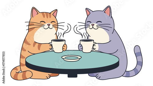 Caffeine Companions: Two friendly cats enjoy a cozy coffee date at a circular table, their expressions serene and content, creating a heartwarming moment of companionship.