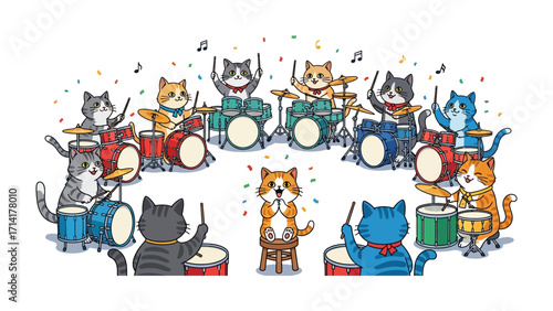 Cat Band Concert: A whimsical illustration of a lively feline ensemble, each playing drums with focused energy, creating a rhythmic symphony, full of vibrant energy.