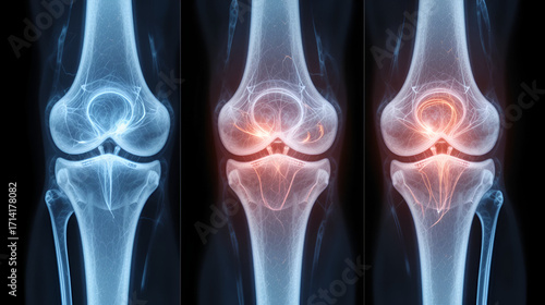X-ray image of human knee joint showing bones and joint structure in medical detail