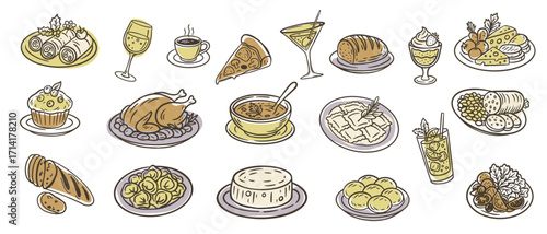 Traditional Italian winter holiday food set for Natale and Capodanno dinner. Hand drawn vector illustration with struffoli, cannoli, pandoro star bread, panettone, pizza, cured meat, grilled chicken