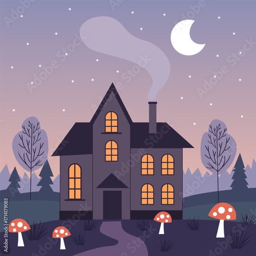 Fairy-tale Halloween house at night
