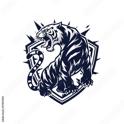Aggressive roaring tiger mascot logo design with a shield and sharp elements, in a bold black and white style.