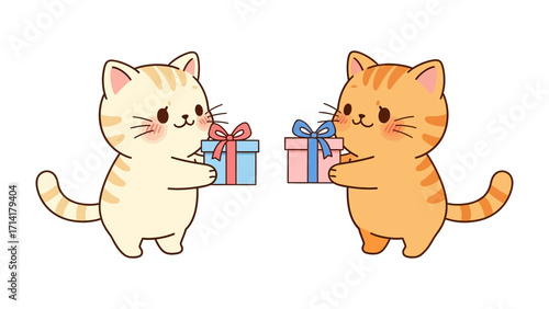 Gift-Giving Cats: Two charming cartoon cats exchange gifts, each holding a beautifully wrapped present, showcasing the essence of generosity and friendship. 