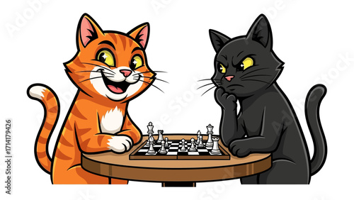 Cats Chess Game: A vibrant illustration captures the essence of strategy as a ginger tabby cat and a black cat engage in a spirited game of chess.