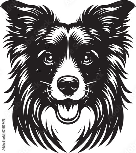 Border Collie Dog Vector Illustration, Black and White Silhouette, Pet Animal Design