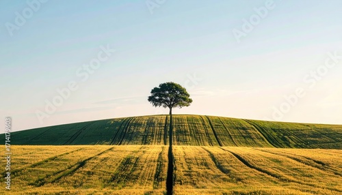 Single Tree on a Hillside Field at Sunset