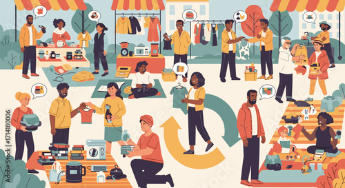 Vibrant outdoor market scene depicts diverse people engaging in buying, selling, and exchanging pre-owned goods, fostering a sustainable circular economy.