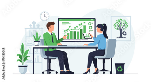 Two business professionals collaborate in an eco-friendly office, analyzing sustainable growth data on a large monitor, surrounded by green elements.